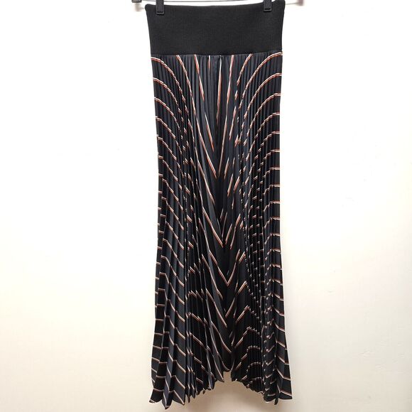 A.L.C. Henry Midi Skirt sz 0 Striped Satin Pleated Navy Elastic Waist RSP $495 - Picture 3 of 11